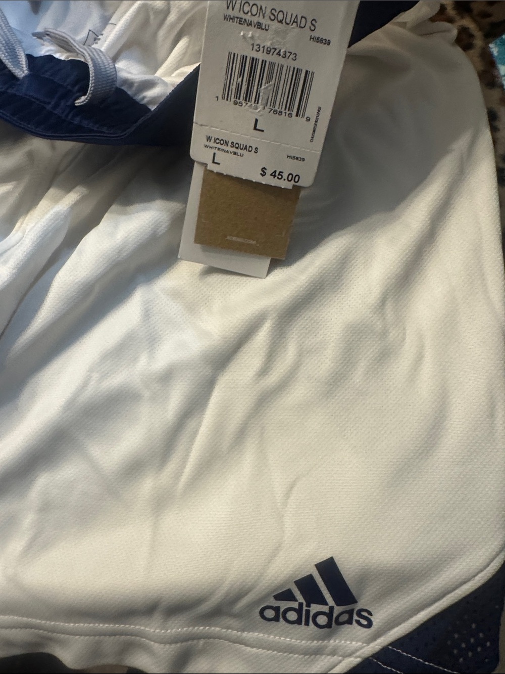 adidas White Shorts with Navy Logo and Trim